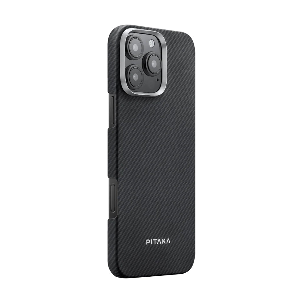 iPhone 16 Pro Kılıf M-safe Şarj Özellikli 600D Aramid Karbon Fiber Pitaka Ultra-Slim Classic Serisi Black-Grey Twill Kılıf