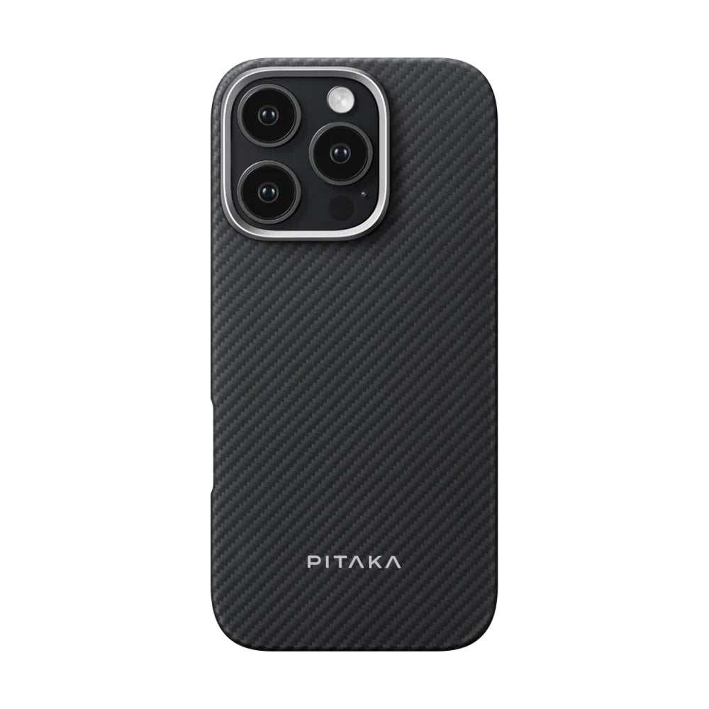 iPhone 16 Pro Kılıf M-safe Şarj Özellikli 600D Aramid Karbon Fiber Pitaka Ultra-Slim Classic Serisi Black-Grey Twill Kılıf
