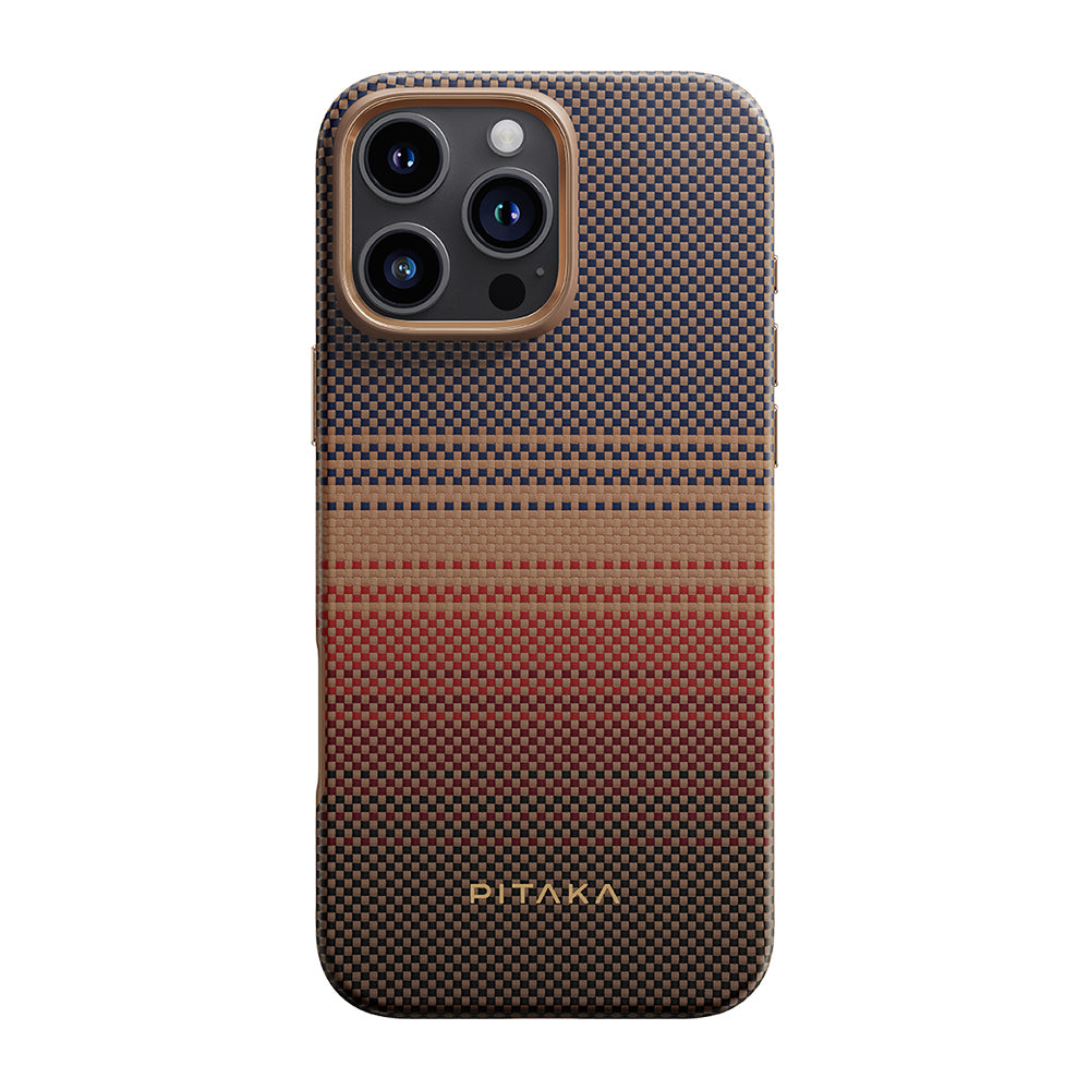 iPhone 16 Pro Kılıf M-safe Şarj Özellikli Aramid Karbon Fiber Pitaka Military-Grade Sunset-Moonrise Serisi Sunset Kılıf
