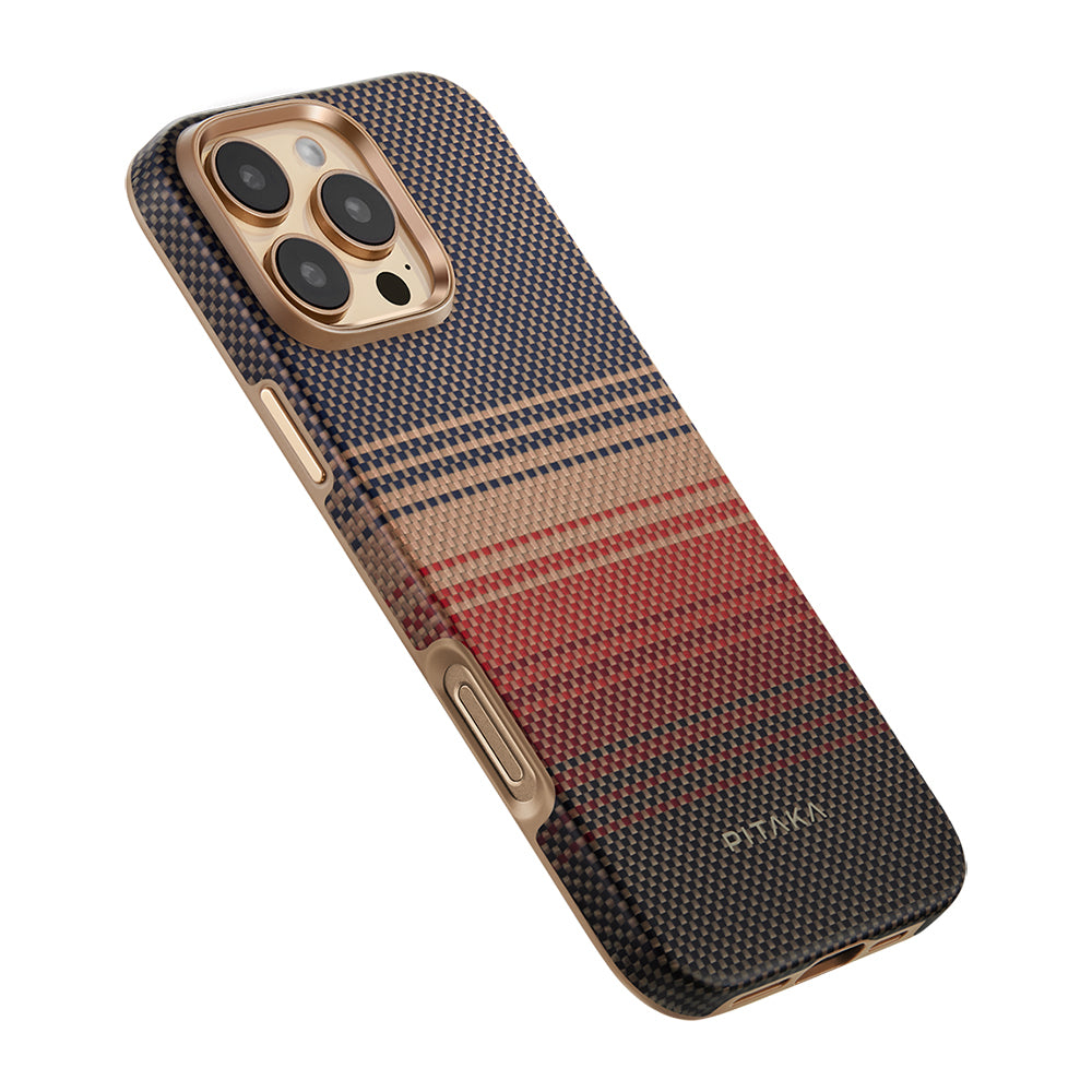 iPhone 16 Pro Kılıf M-safe Şarj Özellikli Aramid Karbon Fiber Pitaka Military-Grade Sunset-Moonrise Serisi Sunset Kılıf