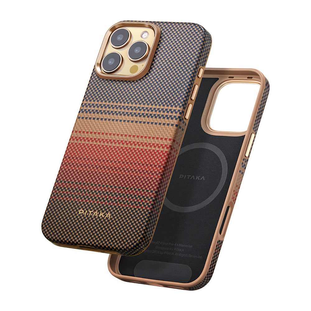 iPhone 16 Pro Kılıf M-safe Şarj Özellikli Aramid Karbon Fiber Pitaka Military-Grade Sunset-Moonrise Serisi Sunset Kılıf