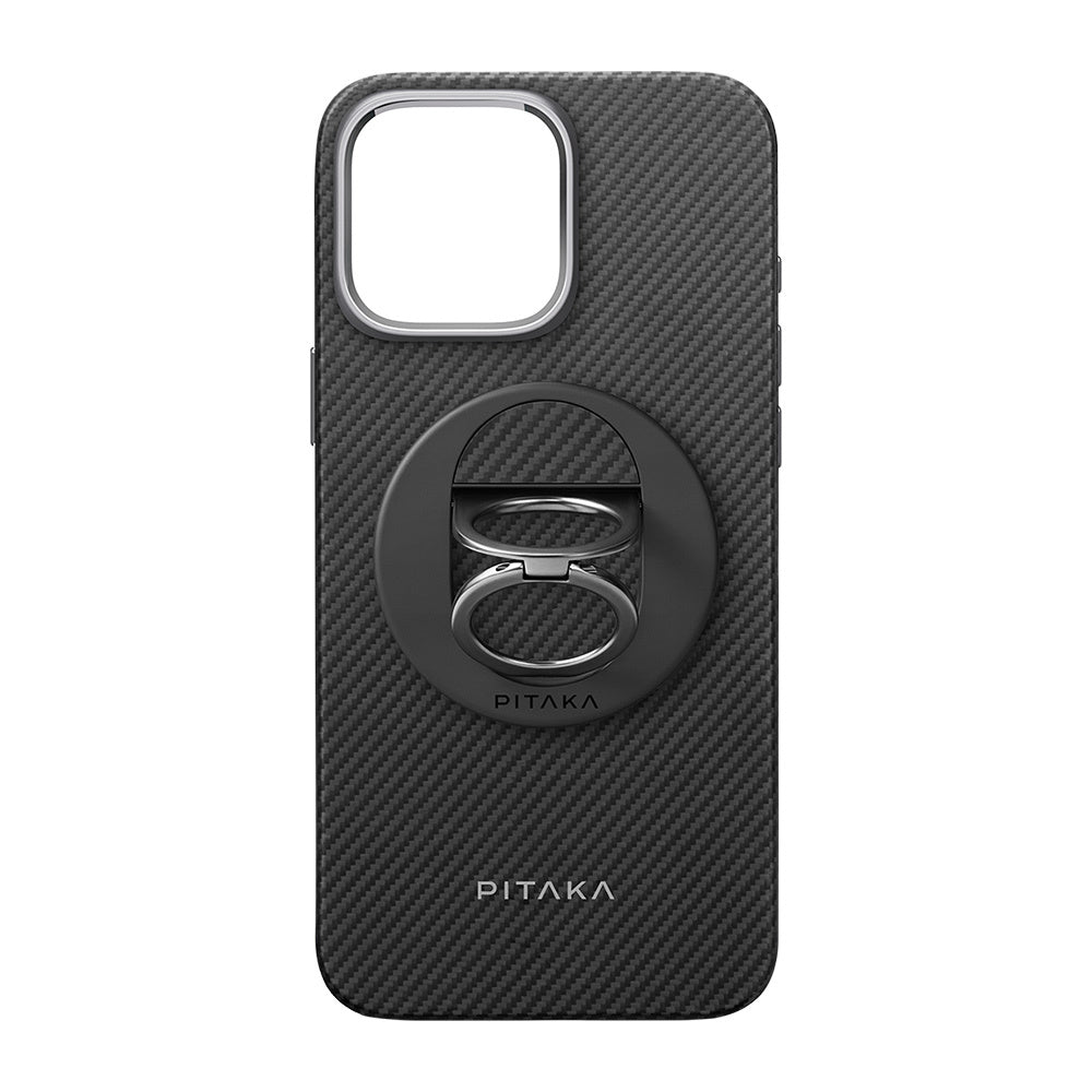 iPhone 16 Pro Kılıf M-safe Şarj Özellikli Grip 3 Standlı Aramid Karbon Fiber Pitaka Military Grade Classic Serisi Black-Grey Twill Kılıf