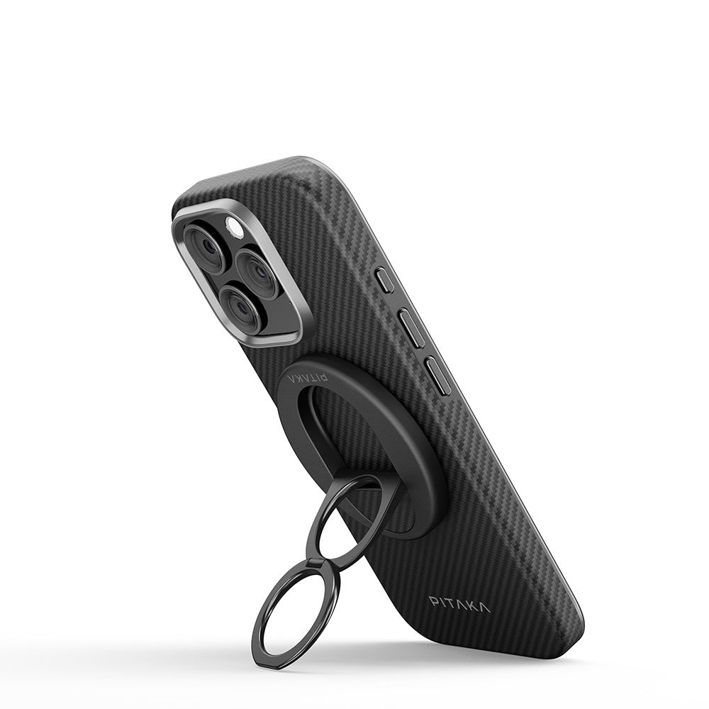 iPhone 16 Pro Kılıf M-safe Şarj Özellikli Grip 3 Standlı Aramid Karbon Fiber Pitaka Military Grade Classic Serisi Black-Grey Twill Kılıf