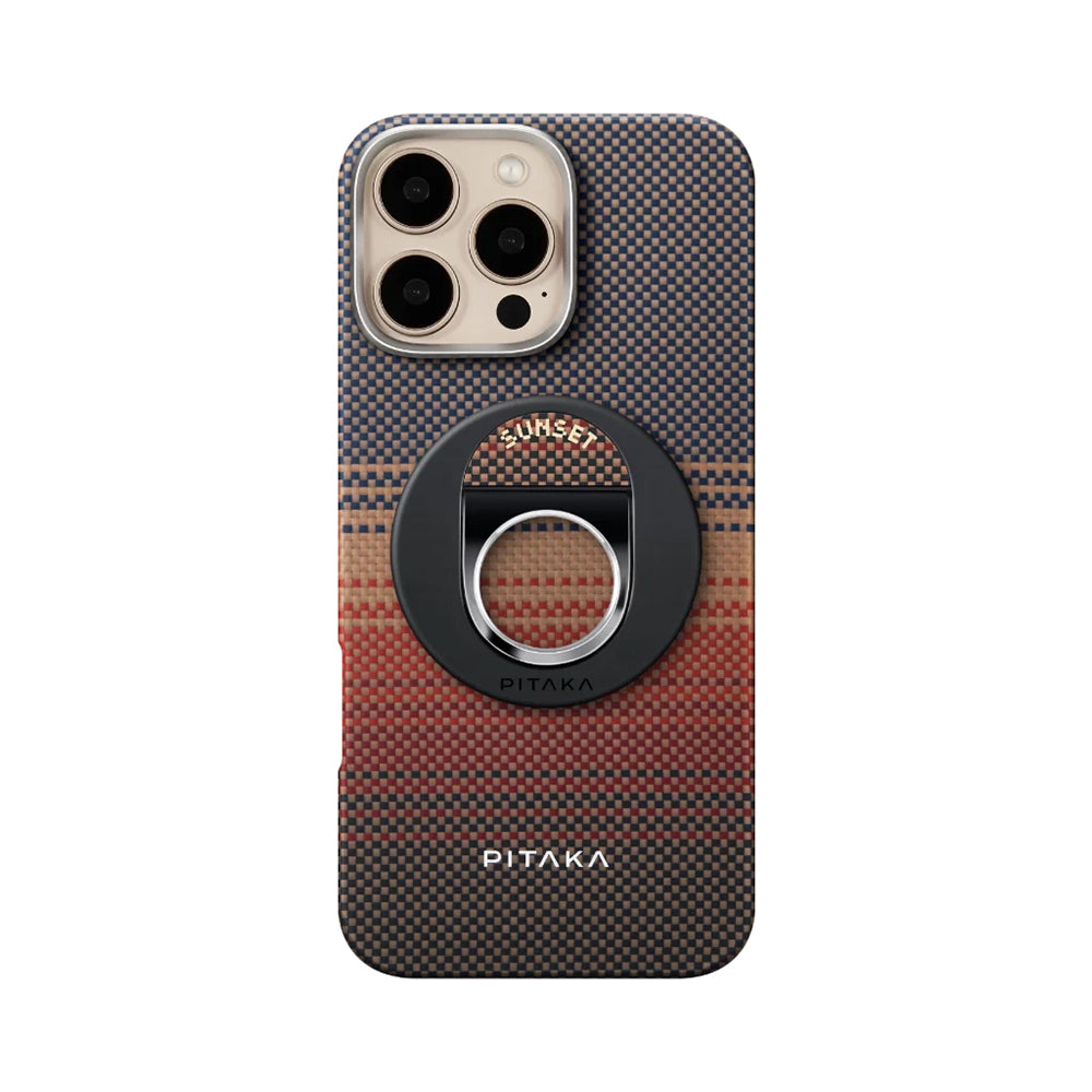 iPhone 16 Pro Kılıf M-safe Şarj Özellikli Grip 3 Standlı Aramid Karbon Fiber Pitaka Tactile Woven Sunset-Moonrise Serisi Sunset Kılıf