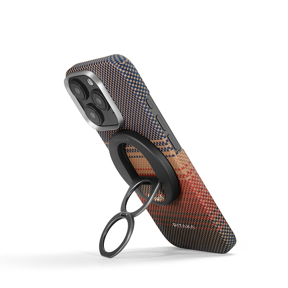 iPhone 16 Pro Kılıf M-safe Şarj Özellikli Grip 3 Standlı Aramid Karbon Fiber Pitaka Tactile Woven Sunset-Moonrise Serisi Sunset Kılıf
