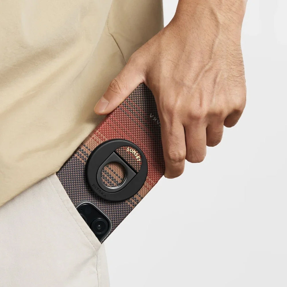 iPhone 16 Pro Kılıf M-safe Şarj Özellikli Grip 3 Standlı Aramid Fiber Pitaka Tactile Woven Sunset-Moonrise Serisi Sunset Kılıf