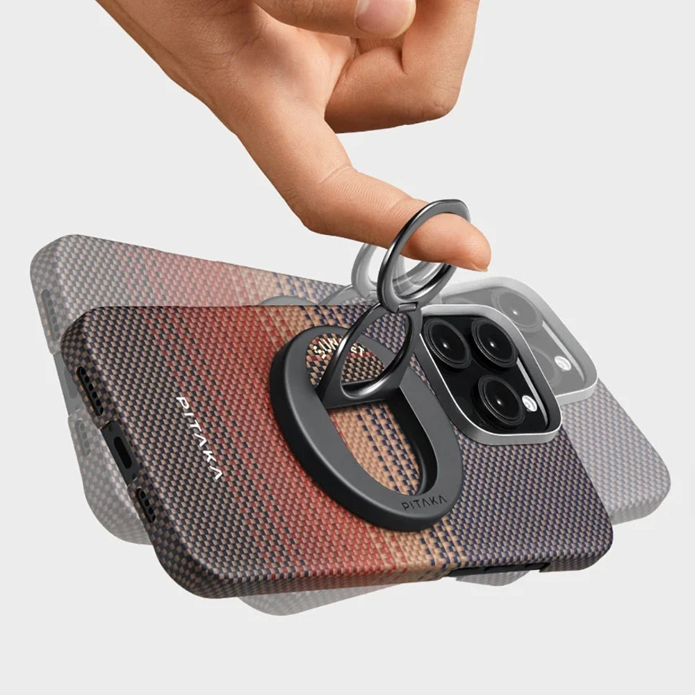iPhone 16 Pro Kılıf M-safe Şarj Özellikli Grip 3 Standlı Aramid Karbon Fiber Pitaka Tactile Woven Sunset-Moonrise Serisi Sunset Kılıf