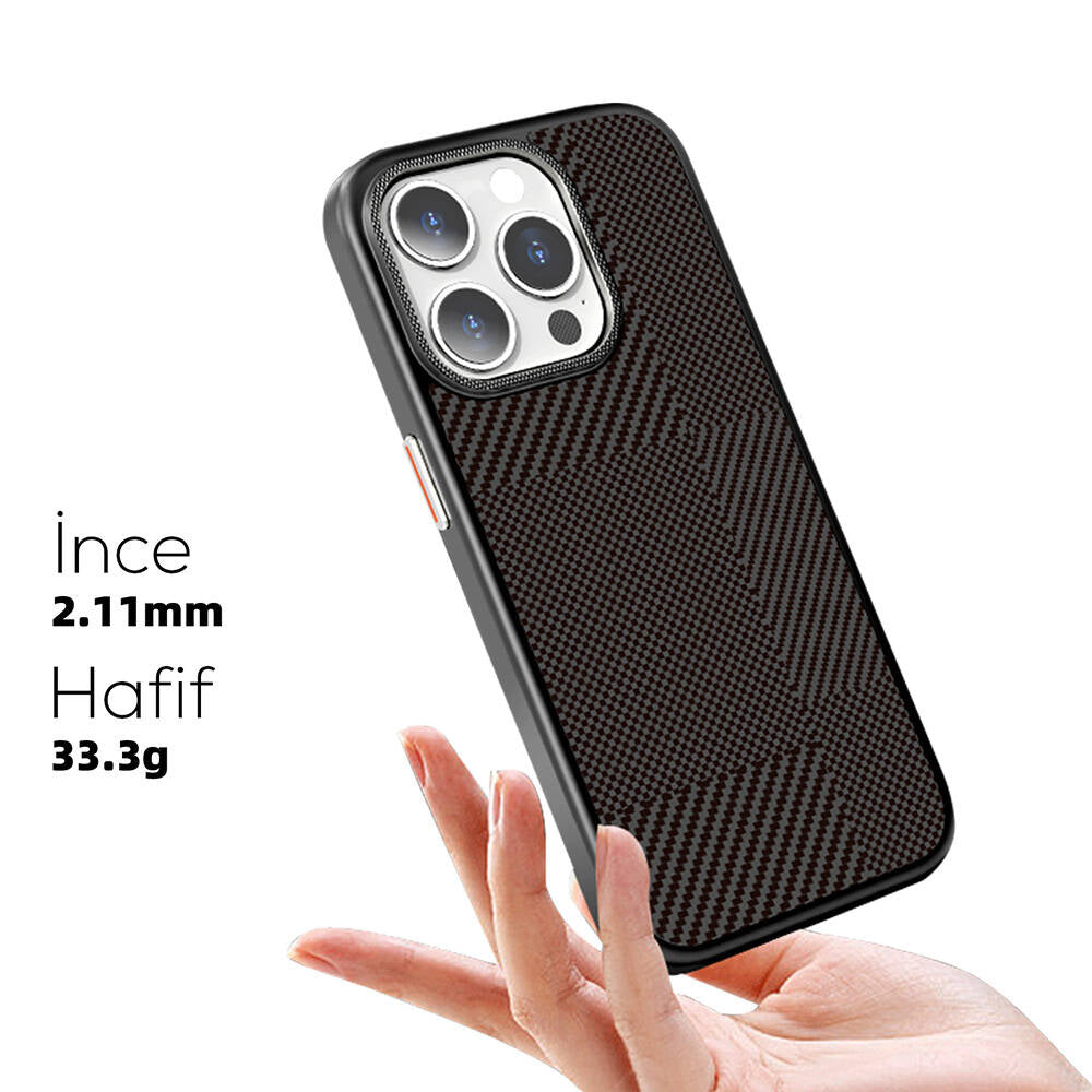 iPhone 16 Pro Kılıf M-safe Şarj Özellikli Karbon Fiber Desenli Mutural Montage Kılıf