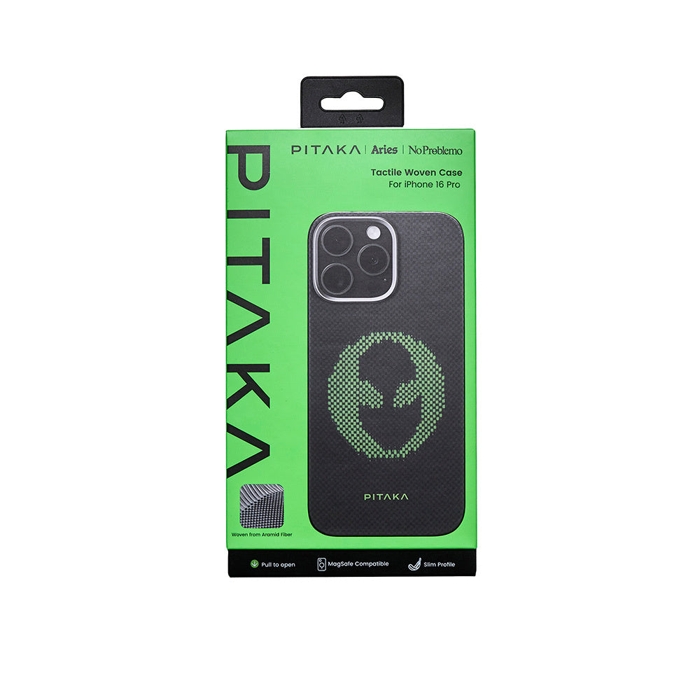 iPhone 16 Pro Kılıf M-safe Şarj Özellikli Lumintex Teknolojili Fosforlu Aramid Karbon Fiber Pitaka Tactile Woven Aries Serisi Alien Kılıf