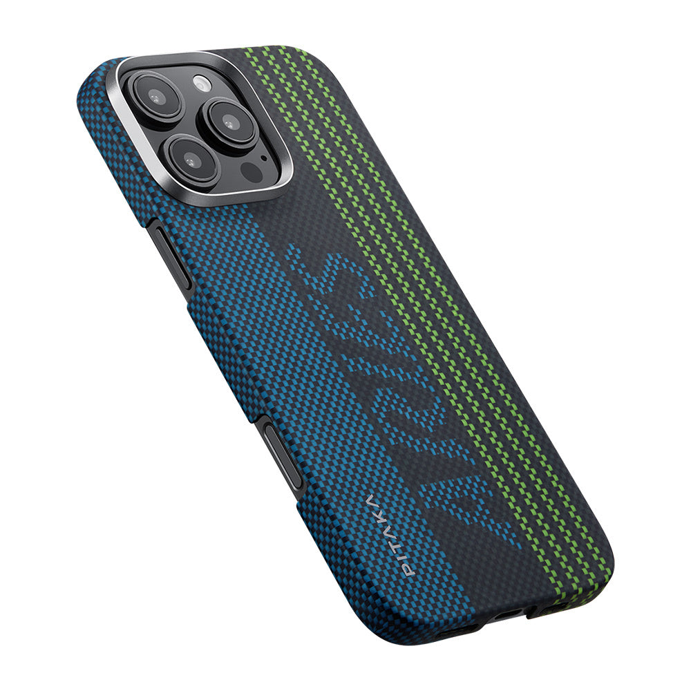 iPhone 16 Pro Kılıf M-safe Şarj Özellikli Lumintex Teknolojili Fosforlu Aramid Karbon Fiber Pitaka Tactile Woven Aries Serisi Credit Card Kılıf