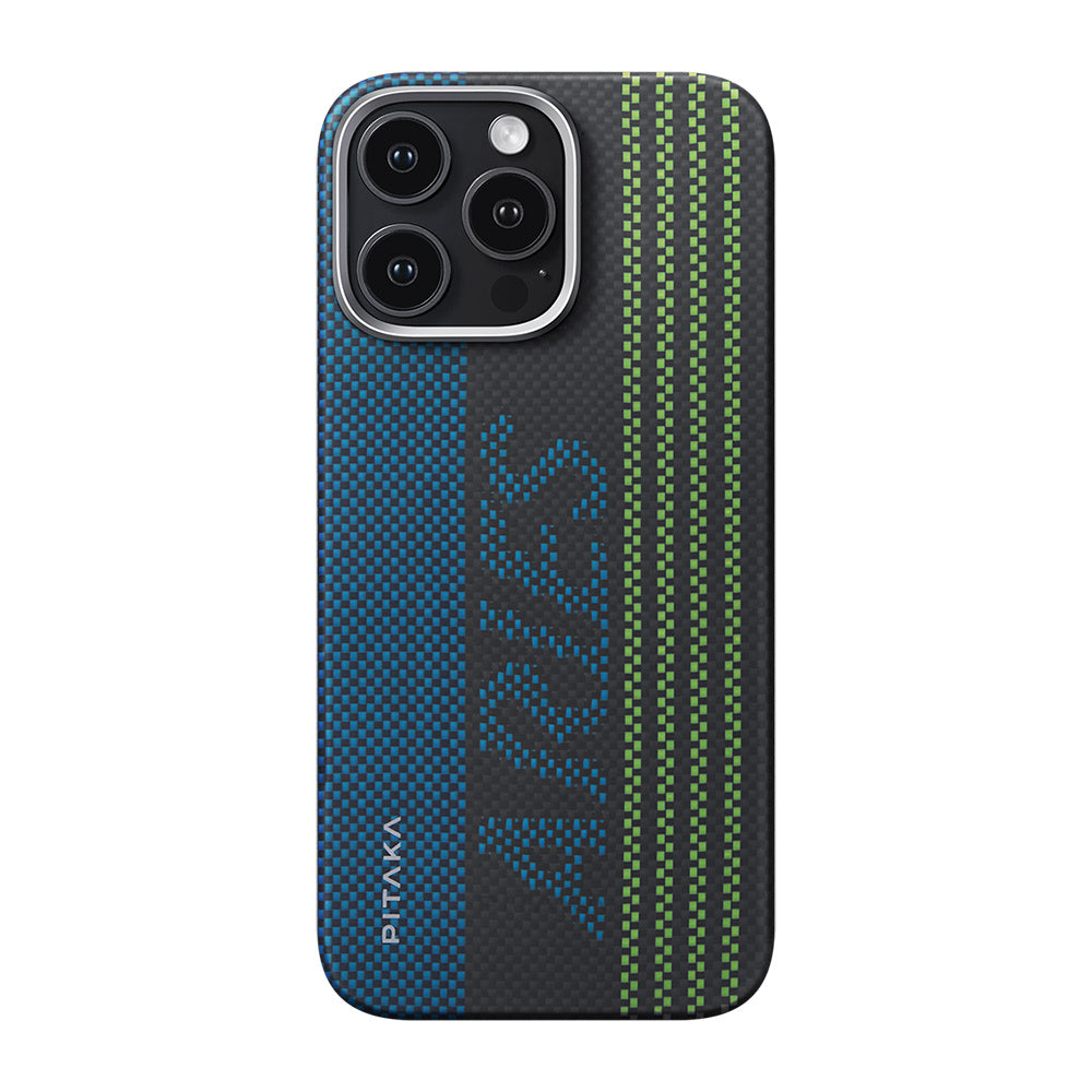 iPhone 16 Pro Kılıf M-safe Şarj Özellikli Lumintex Teknolojili Fosforlu Aramid Karbon Fiber Pitaka Tactile Woven Aries Serisi Credit Card Kılıf