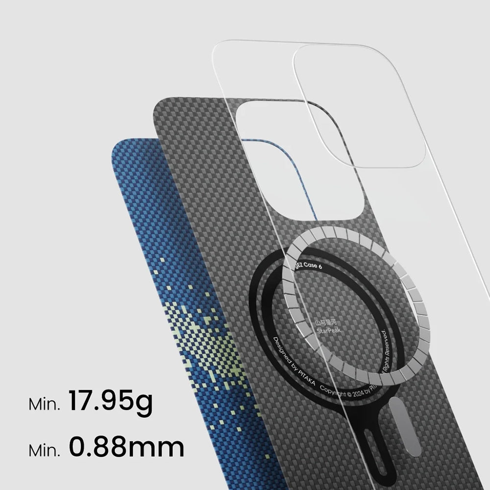 iPhone 16 Pro Kılıf M-safe Şarj Özellikli Lumintex Teknolojili Fosforlu Özellikli Aramid Karbon Fiber Pitaka Tactile Woven Starpeak Serisi Milky Way Galaxy Kılıf