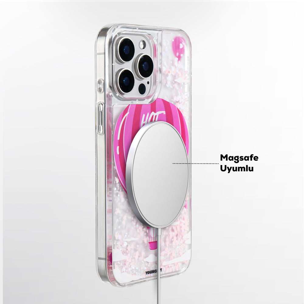 iPhone 16 Pro Kılıf M-safe Şarj Özellikli Parlak Kumlu Sıvılı Youngkit Pink Dream Quicksand Serisi Kılıf