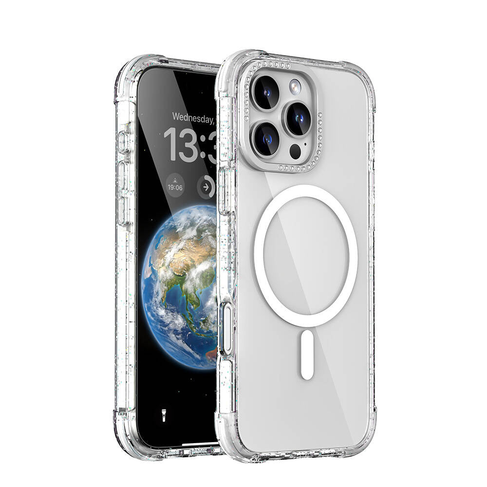 iPhone 16 Pro Kılıf M-safe Şarj Özellikli Taşlı ve Simli Tasarım Mutural Blink Kılıf