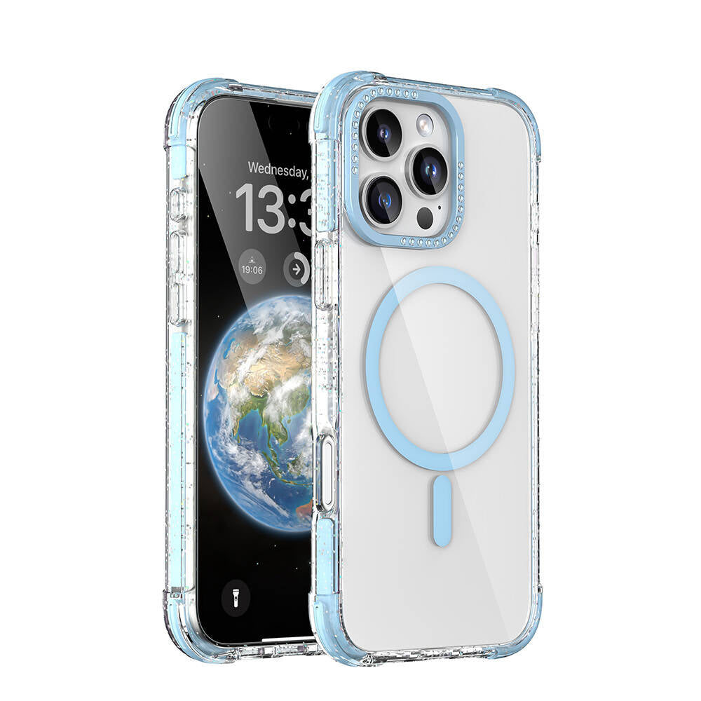 iPhone 16 Pro Kılıf M-safe Şarj Özellikli Taşlı ve Simli Tasarım Mutural Blink Kılıf