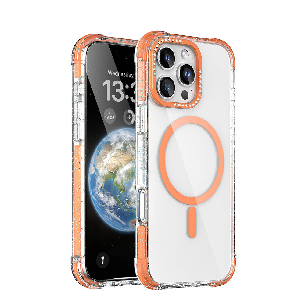 iPhone 16 Pro Kılıf M-safe Şarj Özellikli Taşlı ve Simli Tasarım Mutural Blink Kılıf