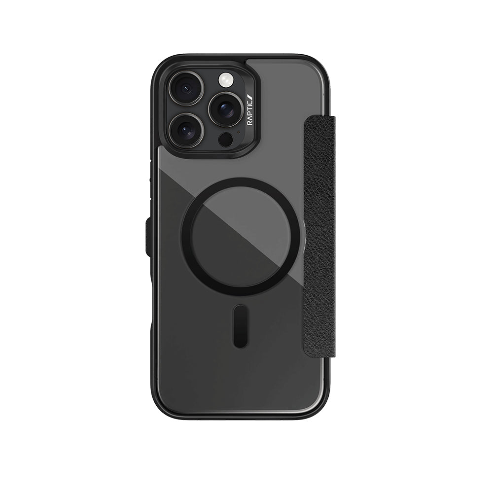 iPhone 16 Pro Kılıf M-safe Şarj Özellikli Vegan Deri Tasarımlı Şeffaf Arka Yüzey Kartlıklı Raptic Urban Folio Serisi Kılıf