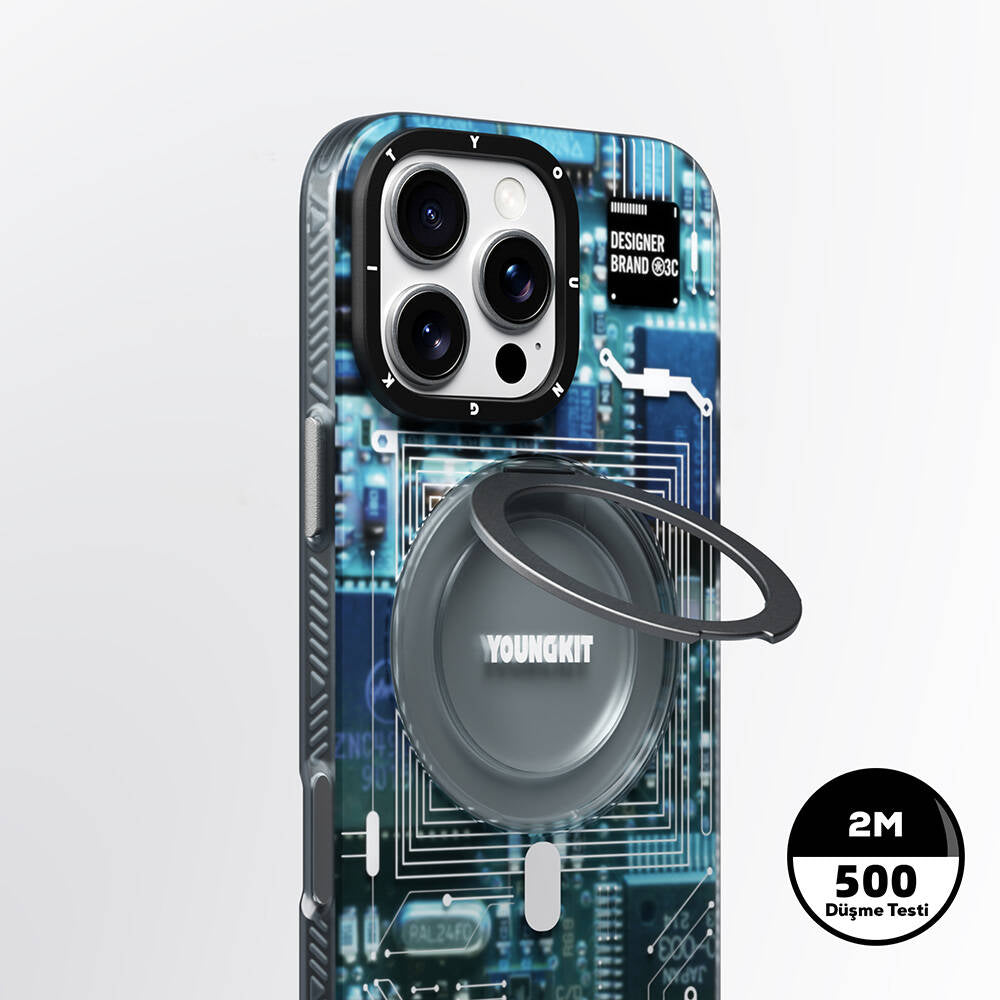 iPhone 16 Pro Kılıf M-safe Şarj Özellikli Youngkit 360° Standlı Technology Serisi Kılıf