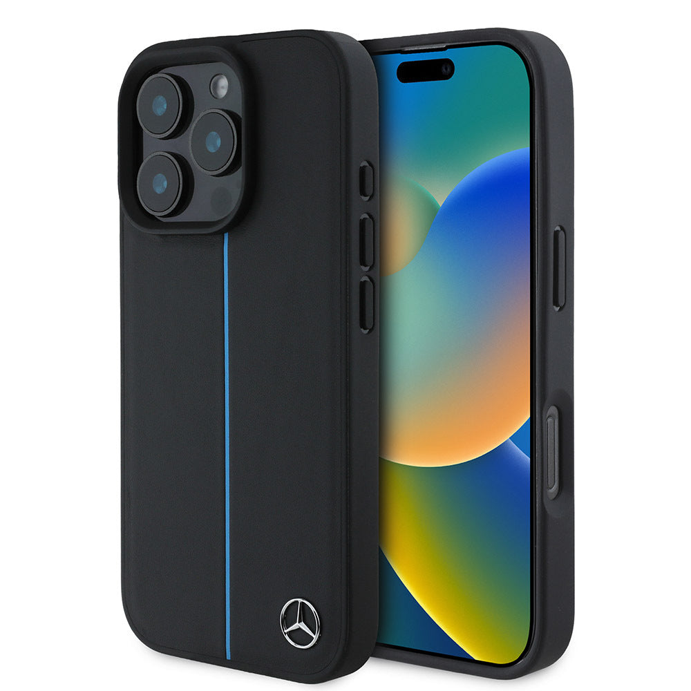 iPhone 16 Pro Kılıf Mercedes Benz Orijinal Lisanslı M-safe Şarj Özellikli Metal Yıldız Logolu Mavi Çizgili Deri Kılıf