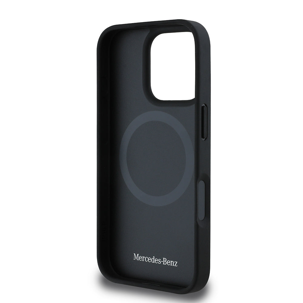 iPhone 16 Pro Kılıf Mercedes Benz orijinal Lisanslı M-safe Şarj Özellikli 3D Metal Logolu Mavi Dikey Eğri Çizgili Deri Kılıf