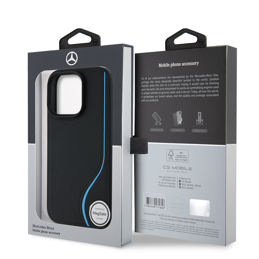 iPhone 16 Pro Kılıf Mercedes Benz orijinal Lisanslı M-safe Şarj Özellikli 3D Metal Logolu Mavi Dikey Eğri Çizgili Deri Kılıf