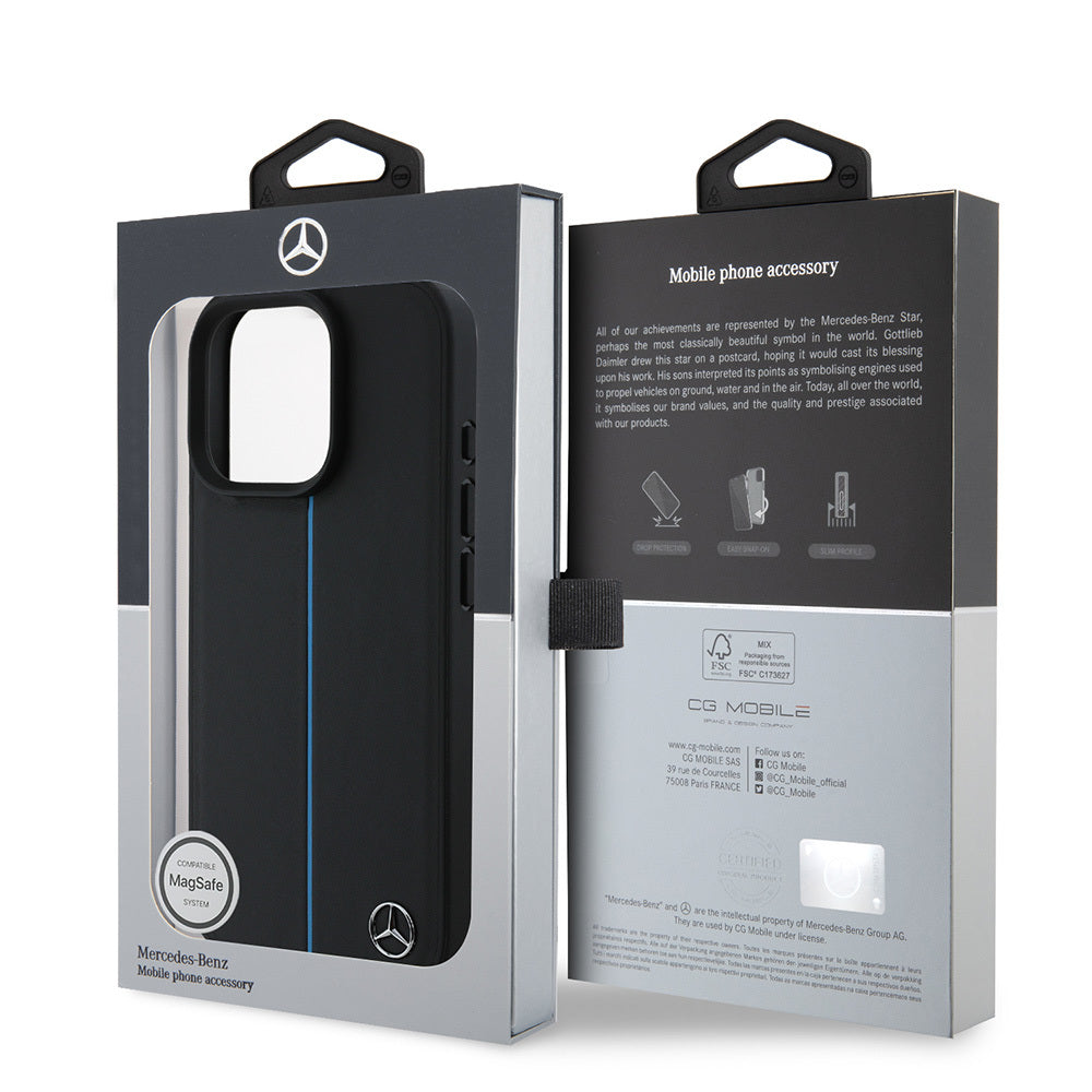 iPhone 16 Pro Kılıf Mercedes Benz OrijinalLisanslı M-safe Şarj Özellikli Metal Yıldız Logolu Mavi Çizgili Deri Kılıf