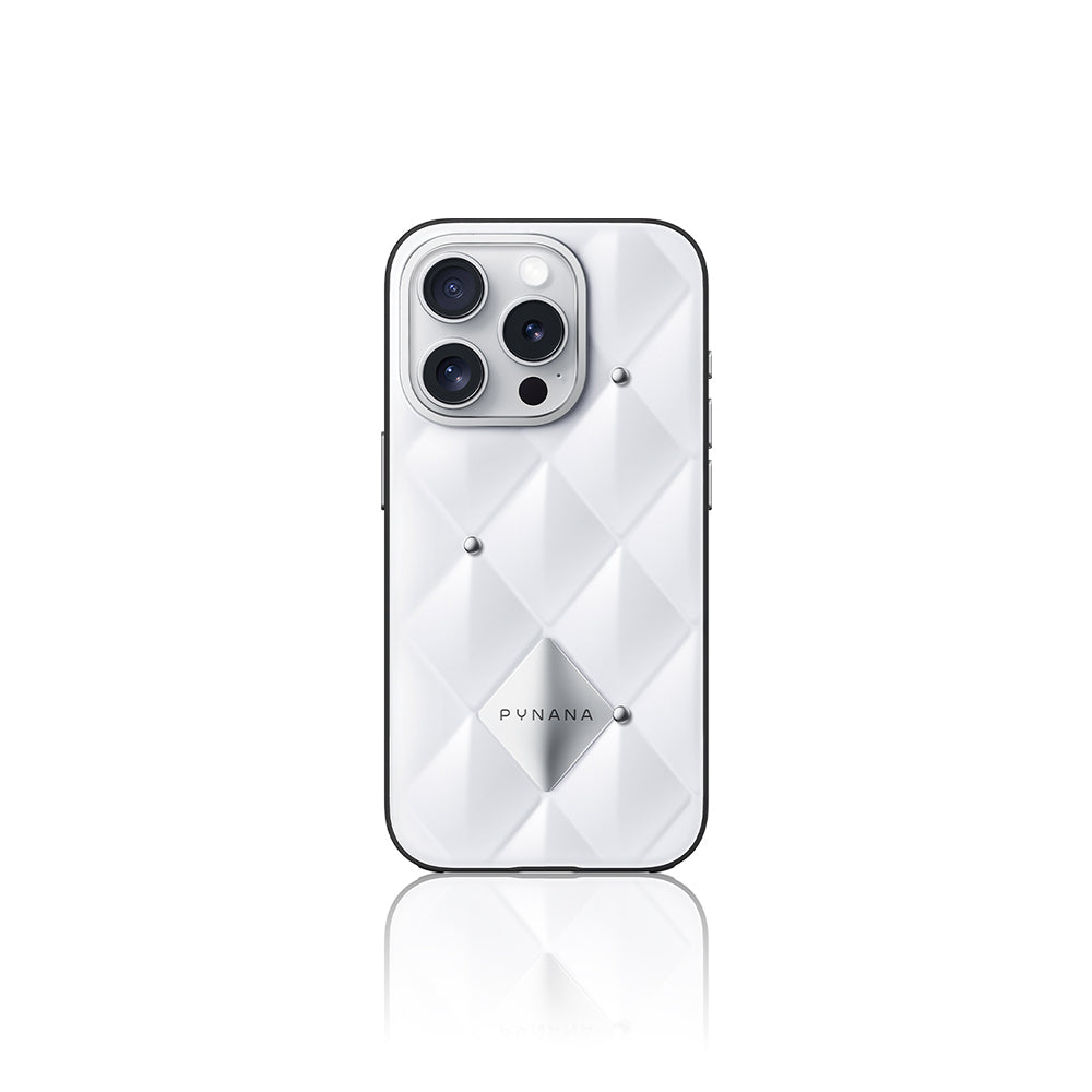 iPhone 16 Pro Kılıf Parlak Arka Yüzeyli Kabartma Tasarımlı Kapitone Pynana Metal Diamond Serisi Kılıf