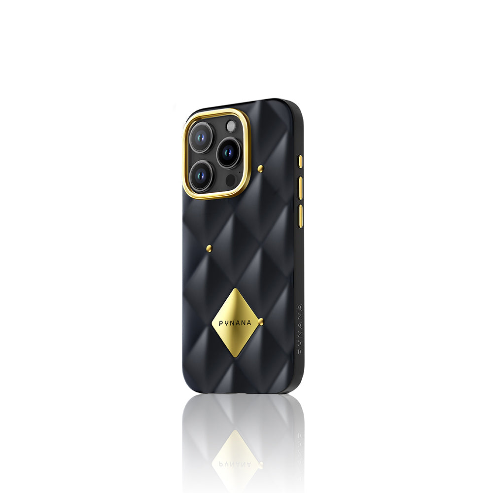 iPhone 16 Pro Kılıf Parlak Arka Yüzeyli Kabartma Tasarımlı Kapitone Pynana Metal Diamond Serisi Kılıf