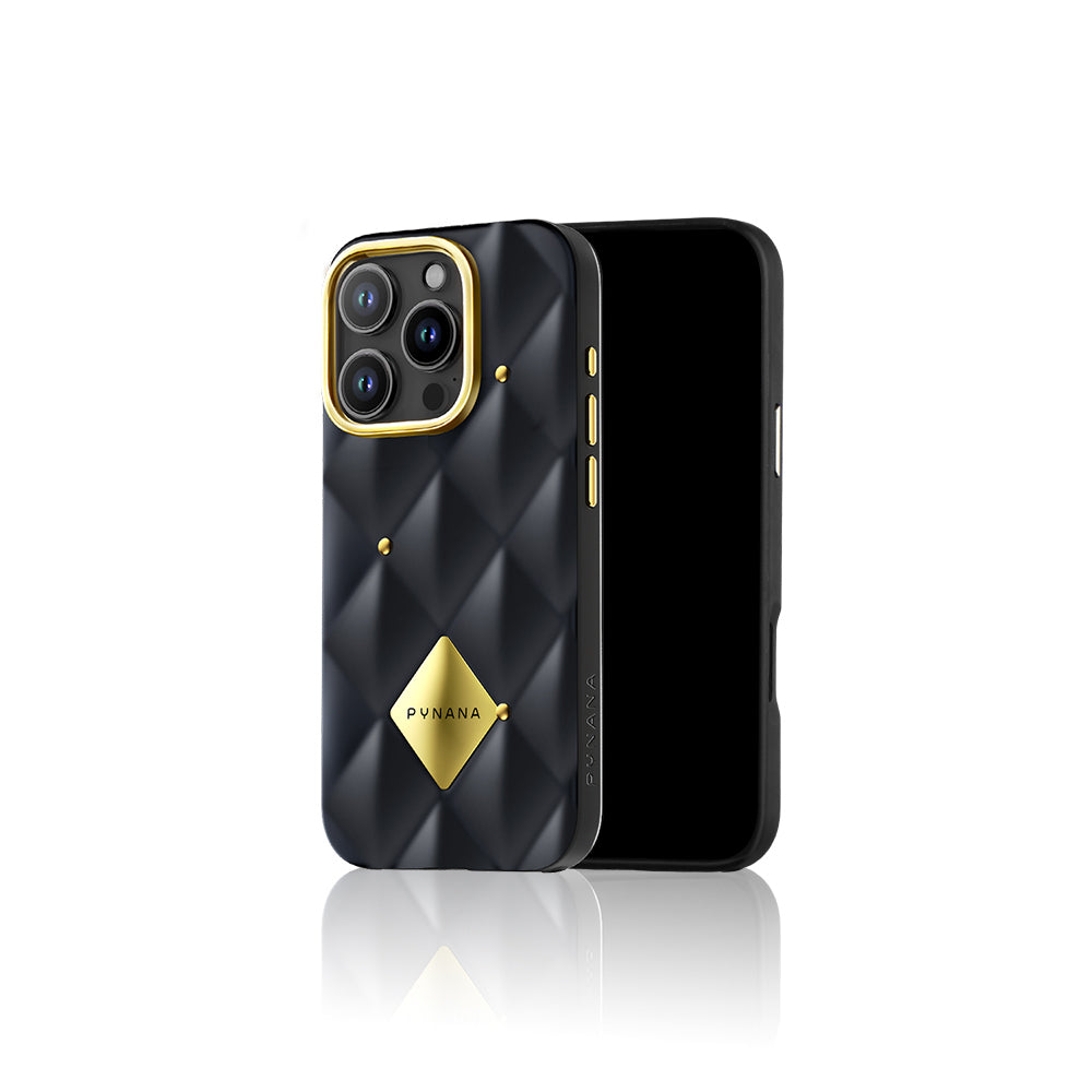 iPhone 16 Pro Kılıf Parlak Arka Yüzeyli Kabartma Tasarımlı Kapitone Pynana Metal Diamond Serisi Kılıf