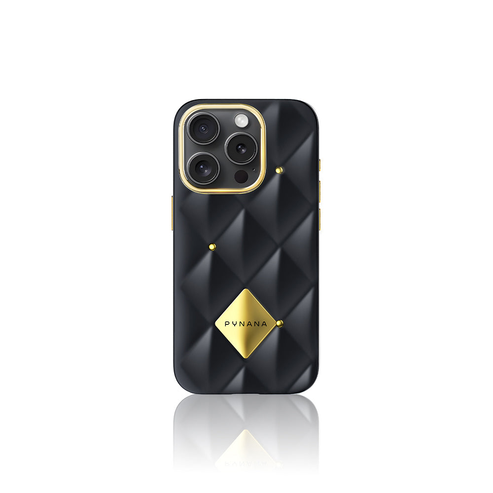 iPhone 16 Pro Kılıf Parlak Arka Yüzeyli Kabartma Tasarımlı Kapitone Pynana Metal Diamond Serisi Kılıf