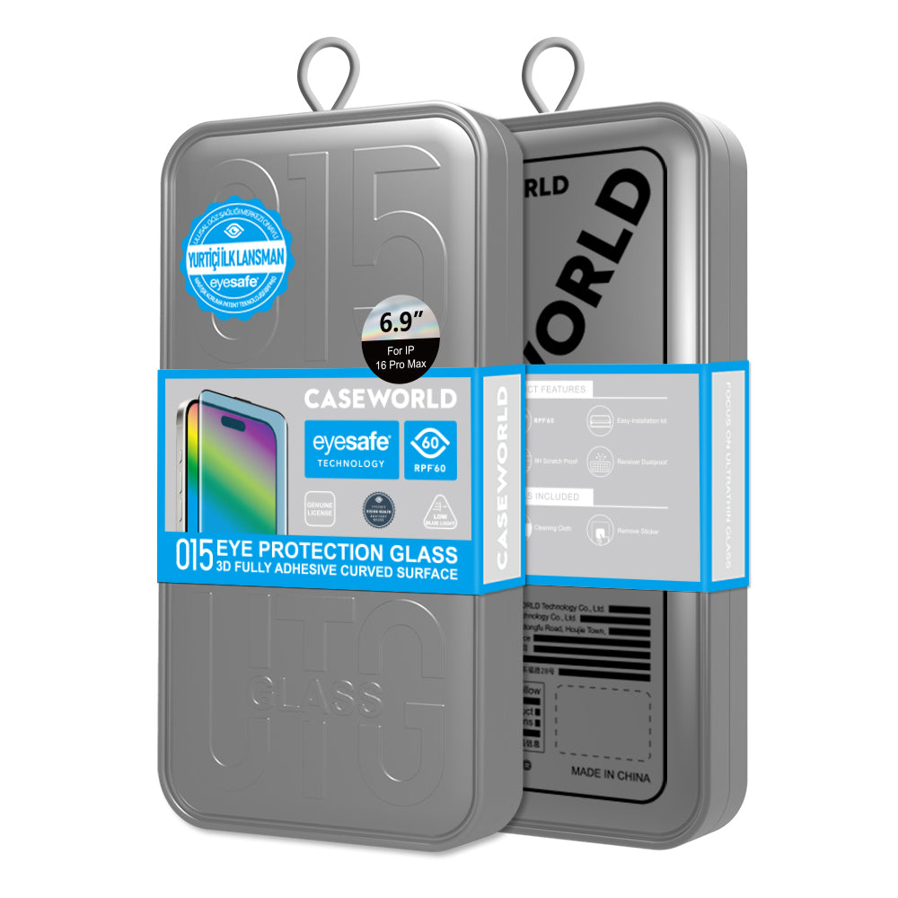 iPhone 16 Pro Max CaseWorld 3D Eyesafe Mavi Işık Teknolojili 0.15mm Temperli Cam Ekran Koruyucu + Uygulama Aparatı
