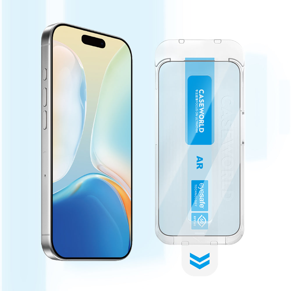 iPhone 16 Pro Max CaseWorld Applicator Serisi 2.5D Eyesafe Mavi Işık Teknolojili Safir 0.33mm Temperli Cam Ekran Koruyucu + Uygulama Aparatı