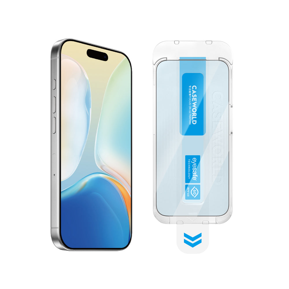 iPhone 16 Pro Max CaseWorld Applicator Serisi 2.5D Eyesafe Mavi Işık Teknolojili Safir 0.33mm Temperli Cam Ekran Koruyucu + Uygulama Aparatı