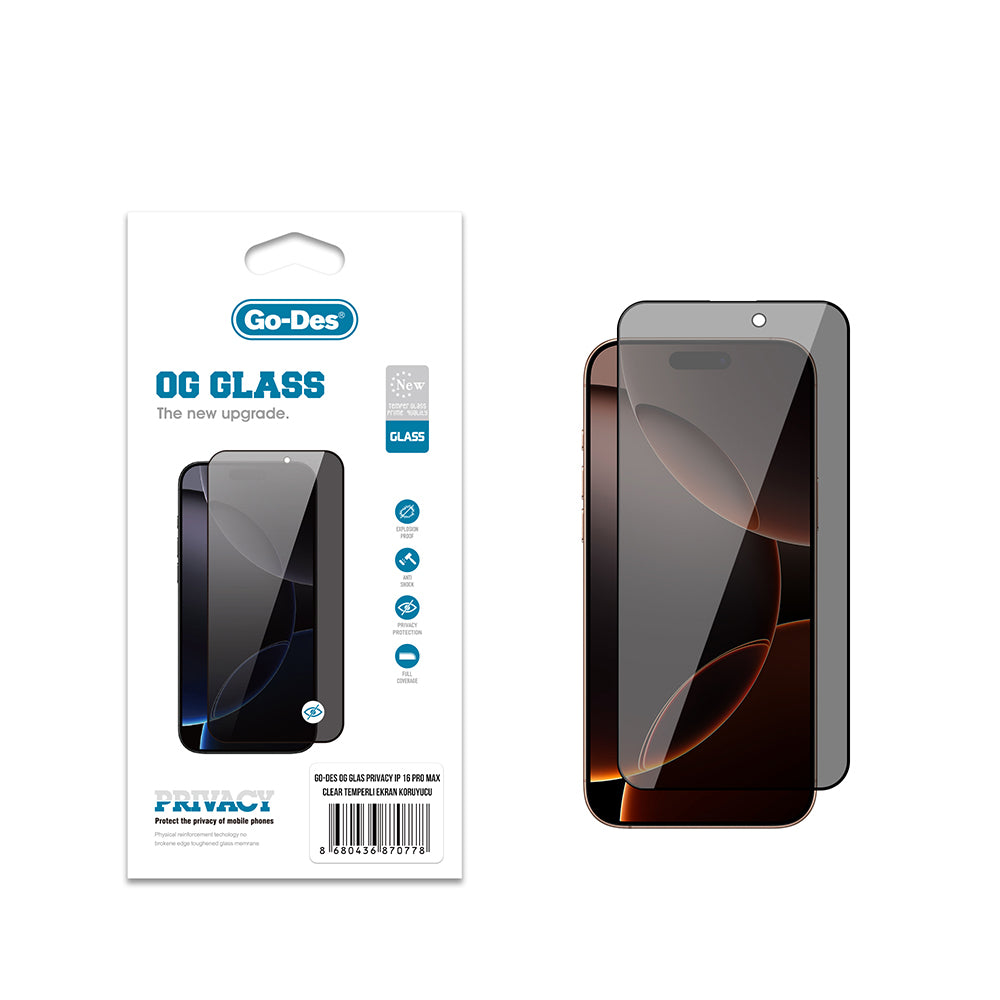 iPhone 16 Pro Max Go Des OG Glass Privacy Antistatik Temperli Cam Ekran Koruyucu