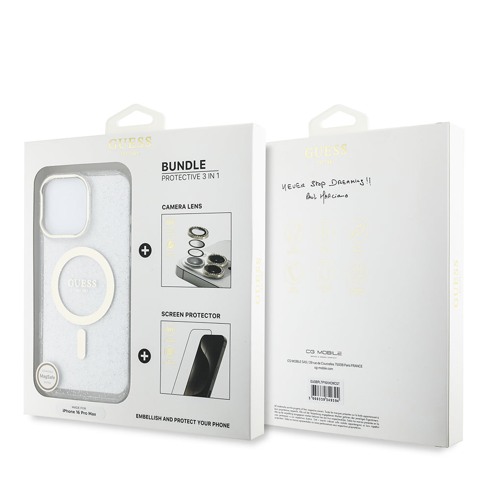 iPhone 16 Pro Max Guess Orijinal Lisanslı 3'lü Aksesuar Seti IML Baskılı Simli Glitter Kılıf + Ekran Koruyucu + Lens Koruyucu