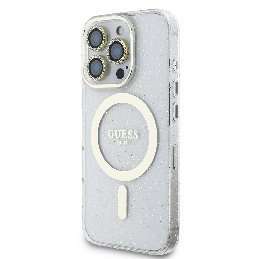 iPhone 16 Pro Max Guess Orijinal Lisanslı 3'lü Aksesuar Seti IML Baskılı Simli Glitter Kılıf + Ekran Koruyucu + Lens Koruyucu