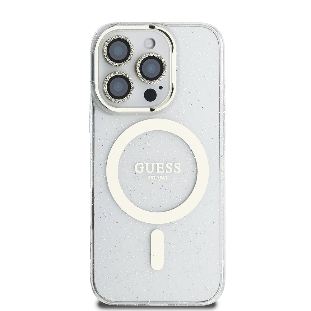 iPhone 16 Pro Max Guess Orijinal Lisanslı 3'lü Aksesuar Seti IML Baskılı Simli Glitter Kılıf + Ekran Koruyucu + Lens Koruyucu