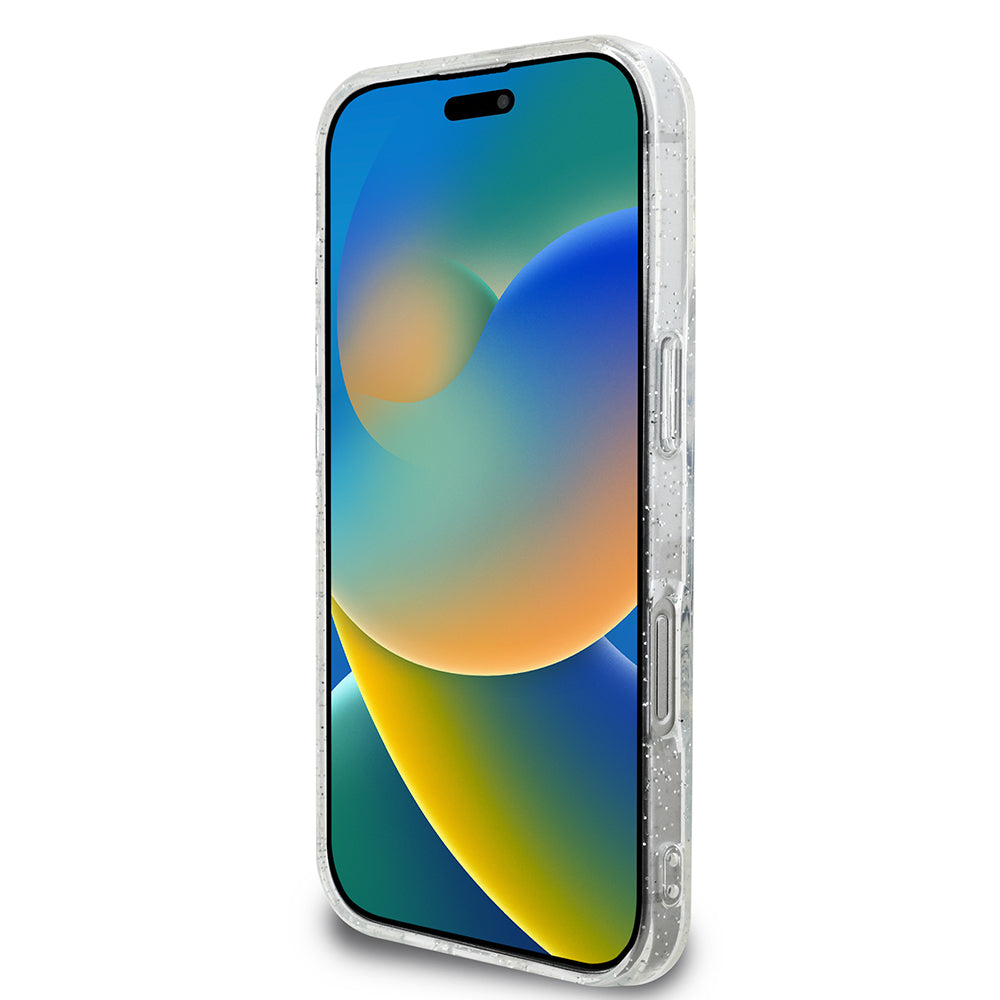 iPhone 16 Pro Max Guess Orijinal Lisanslı 3'lü Aksesuar Seti IML Baskılı Simli Glitter Kılıf + Ekran Koruyucu + Lens Koruyucu