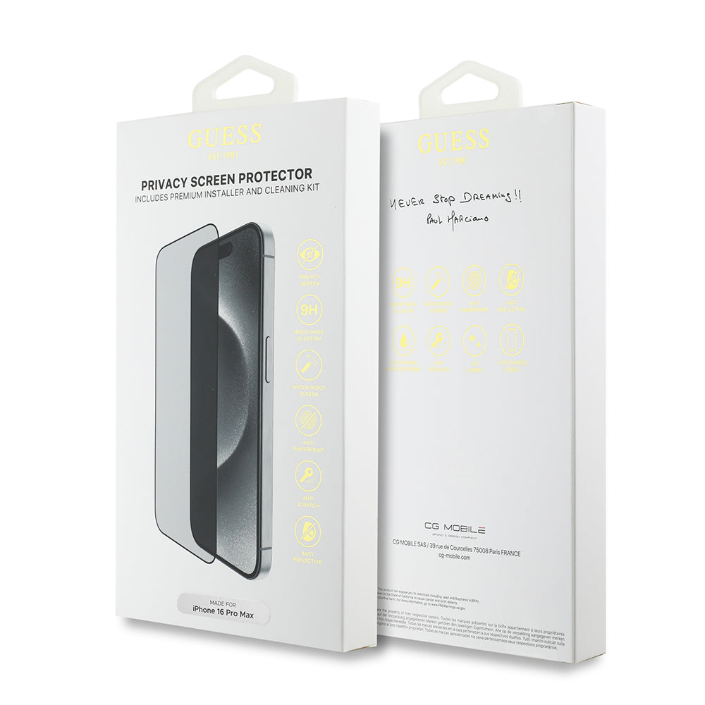 iPhone 16 Pro Max Guess Orijinal Lisanslı Hayalet Privacy Temperli Cam Ekran Koruyucu Uygulama Aparatlı Outline Serisi