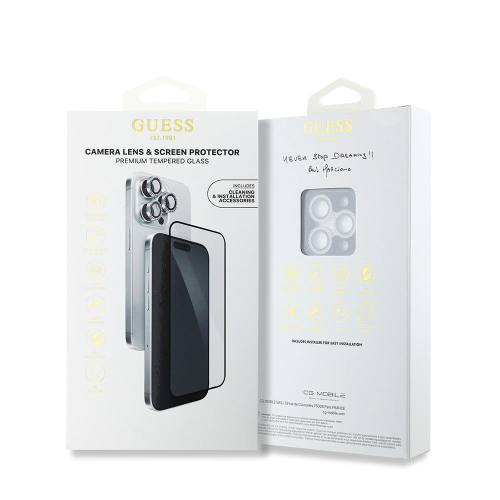 iPhone 16 Pro Max Guess Orijinal Lisanslı Rhinestone Ekran Koruyucu + Lens Koruyucu 2in1 Aksesuar Seti