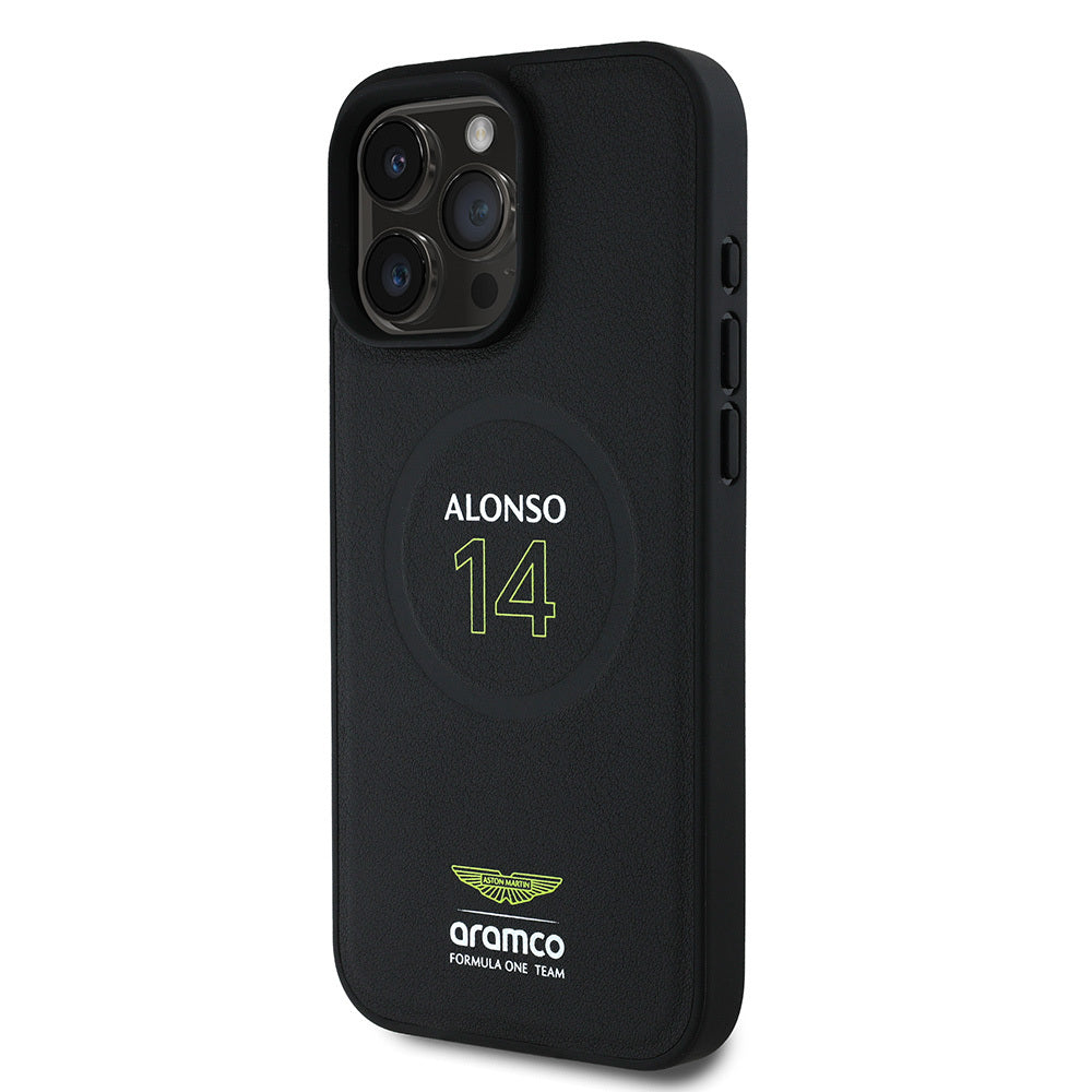 iPhone 16 Pro Max Kılıf Aston Martin Orijinal Lisanslı M-safe Şarj Özellikli PU Deri Alonso 14 Baskılı Kılıf