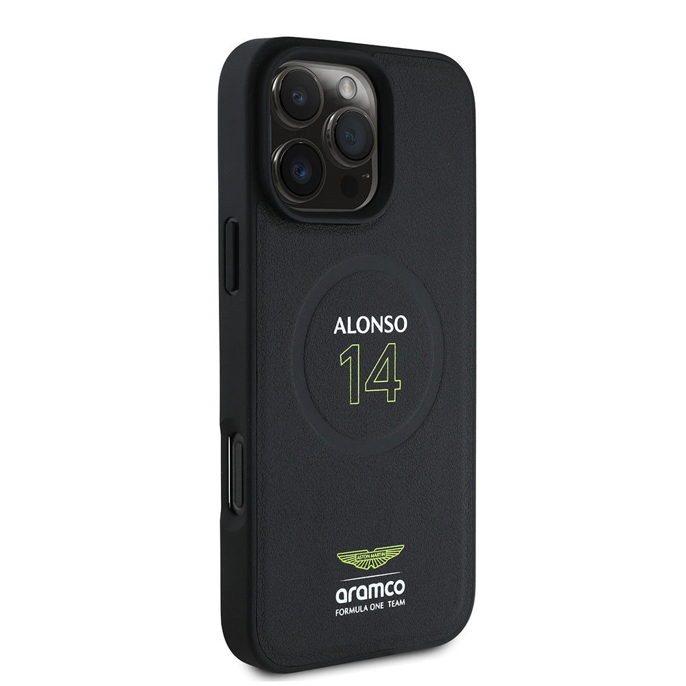 iPhone 16 Pro Max Kılıf Aston Martin Orijinal Lisanslı M-safe Şarj Özellikli PU Deri Alonso 14 Baskılı Kılıf