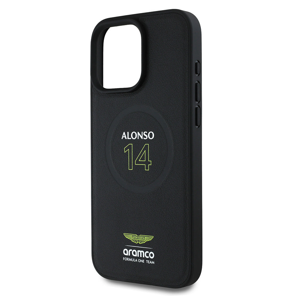 iPhone 16 Pro Max Kılıf Aston Martin Orijinal Lisanslı M-safe Şarj Özellikli PU Deri Alonso 14 Baskılı Kılıf
