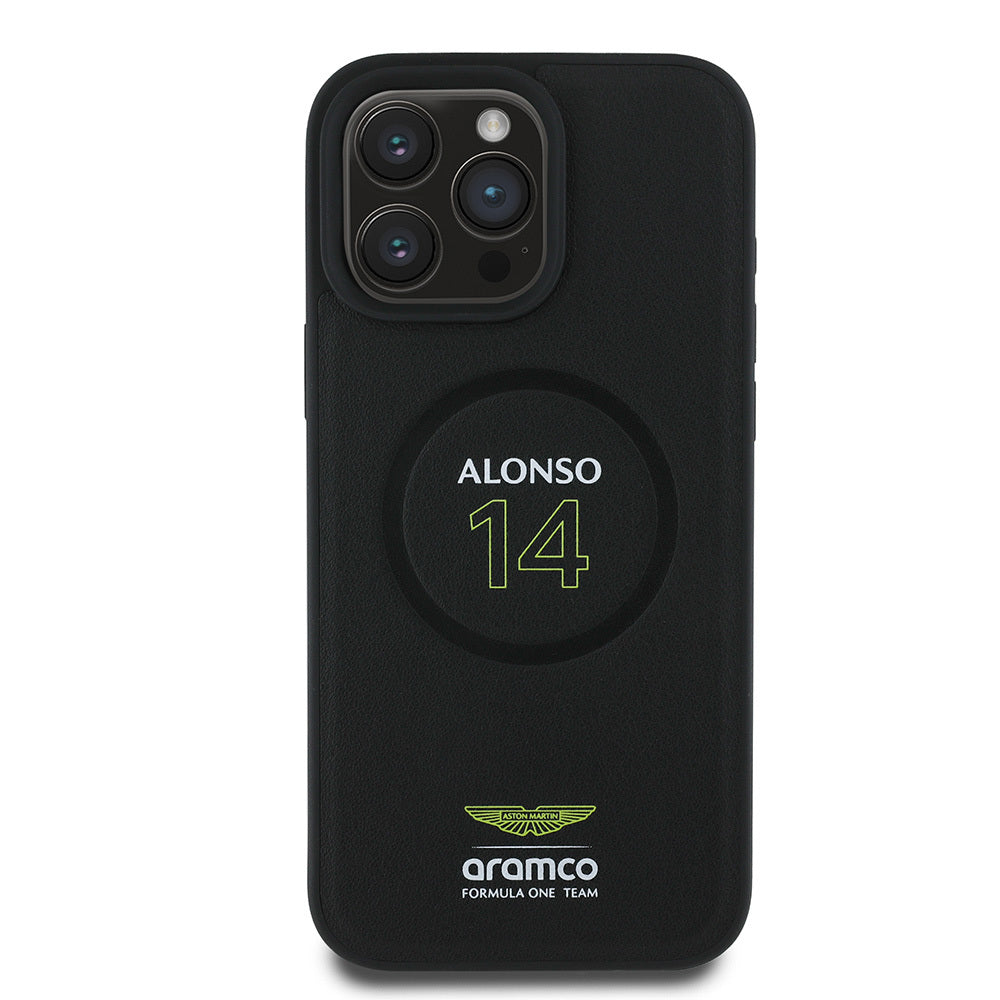 iPhone 16 Pro Max Kılıf Aston Martin Orijinal Lisanslı M-safe Şarj Özellikli PU Deri Alonso 14 Baskılı Kılıf