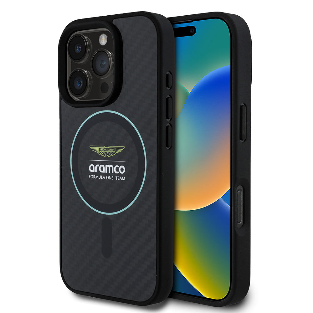 iPhone 16 Pro Max Kılıf Aston Martin Orijinal Lisanslı M-safe Şarj Özellikli Renkli Halka ve Karbon Fiber Tasarımlı Kılıf