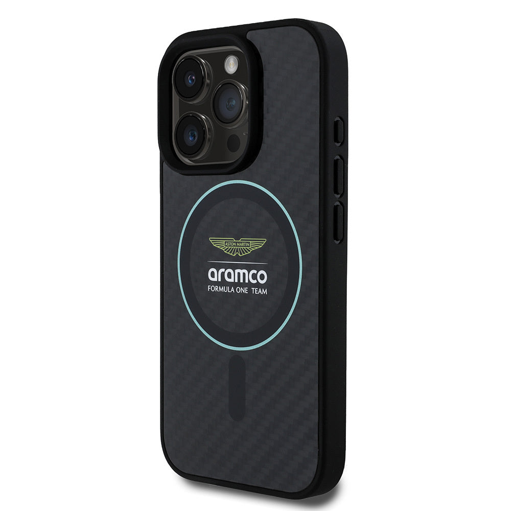 iPhone 16 Pro Max Kılıf Aston Martin Orijinal Lisanslı M-safe Şarj Özellikli Renkli Halka ve Karbon Fiber Tasarımlı Kılıf