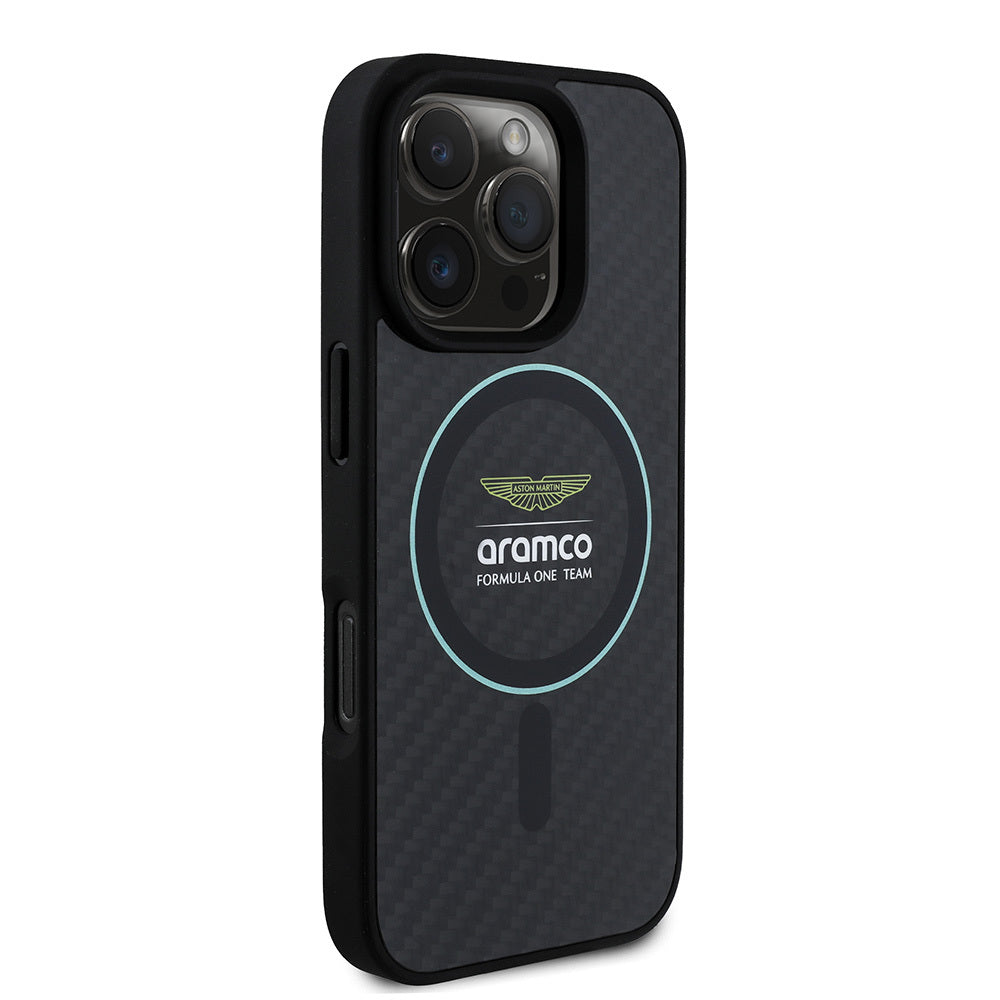 iPhone 16 Pro Max Kılıf Aston Martin Orijinal Lisanslı M-safe Şarj Özellikli Renkli Halka ve Karbon Fiber Tasarımlı Kılıf