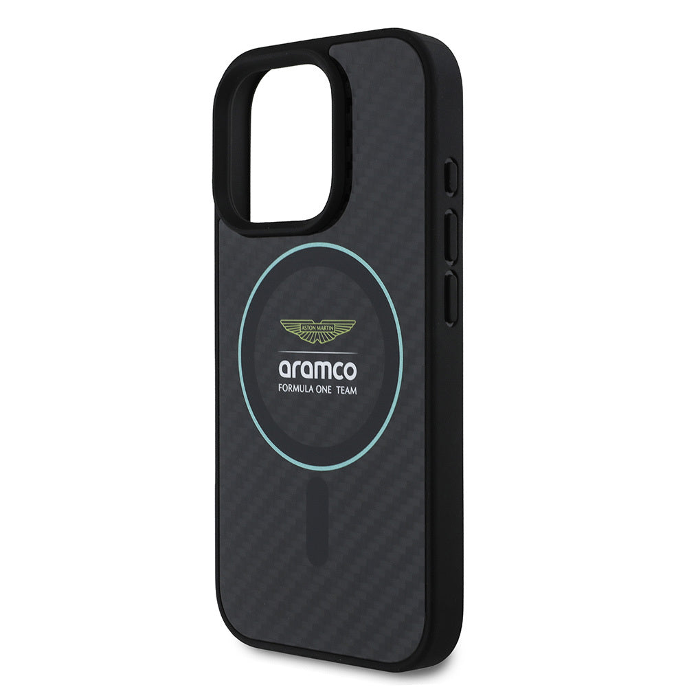 iPhone 16 Pro Max Kılıf Aston Martin Orijinal Lisanslı M-safe Şarj Özellikli Renkli Halka ve Karbon Fiber Tasarımlı Kılıf