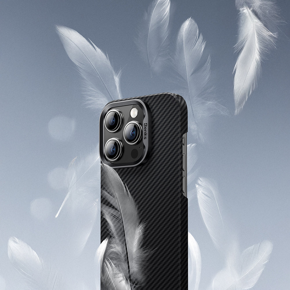 iPhone 16 Pro Max Kılıf Benks M-safe Şarj Özellikli Metal Kamera Çerçeveli Magnetik ArmorAir 600D Kevlar Karbon Fiber Kılıf