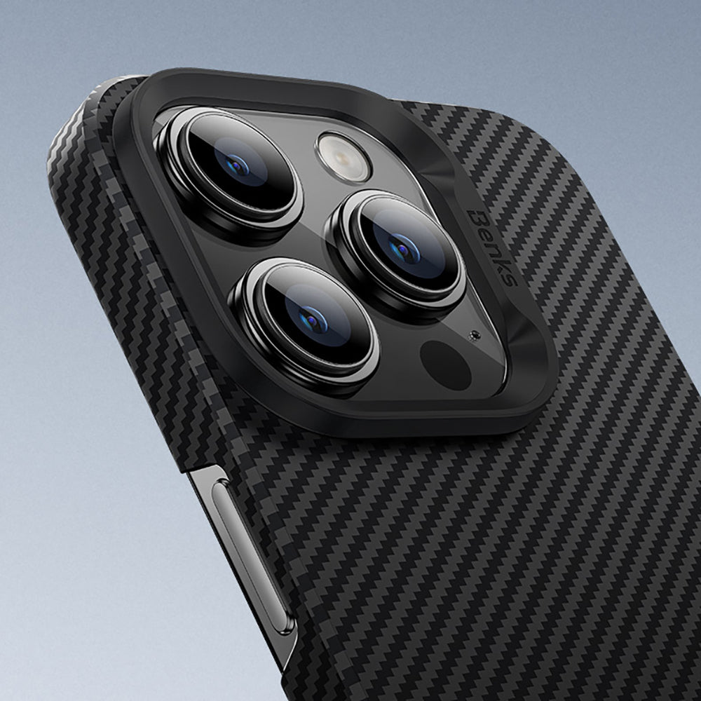 iPhone 16 Pro Max Kılıf Benks M-safe Şarj Özellikli Metal Kamera Çerçeveli Magnetik ArmorAir 600D Kevlar Karbon Fiber Kılıf